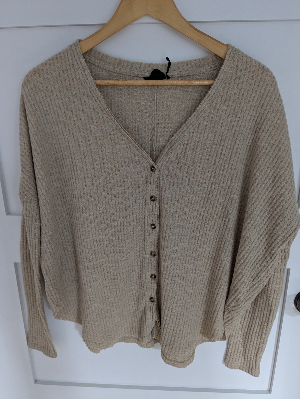 Urban Outfitters Beige Waffle Knit V-Neck Button Front Cardigan